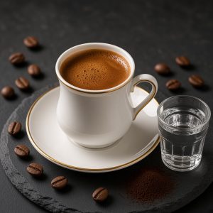 Türk kahvesi – köpüklü, yanında bir bardak su ile